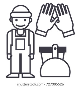 cleaning service,cleaning man, gloves, scoop, bucket vector line icon, sign, illustration on background, editable strokes