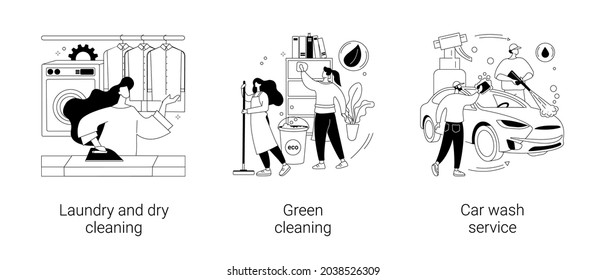 Cleaning services abstract concept vector illustration set. Laundry and dry cleaning, green washing chemical, car wash service, automatic vehicle vacuum, self-serve station abstract metaphor.