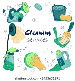 Cleaning services banner or emblem creative design with doodle style hand drawn elements, vector illustration isolated on white.