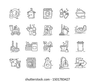 Cleaning services black line icons set.  Housekeeping vector elements. Cleaner products symbols. Sign for web page, mobile app, button, banner. Pictogram for UI/UX user interface. Isolated template.
