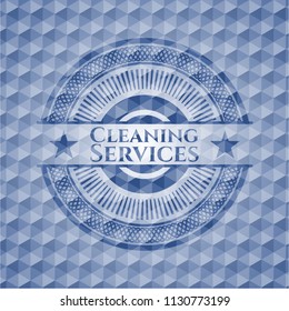 Cleaning Services blue badge with geometric background.