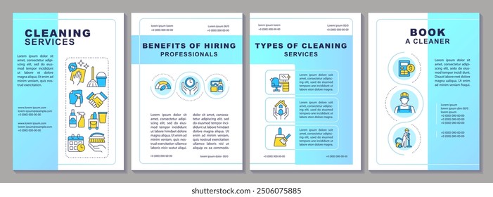 Cleaning services brochure template. Professional cleaners. Leaflet design with linear icons. Editable 4 vector layouts for presentation, annual reports