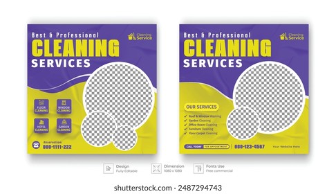 Cleaning Services Business Promotion Social Media Posts. Housekeeping, flat design vector with photo collage. Usable for social media, stories, and web internet ads.