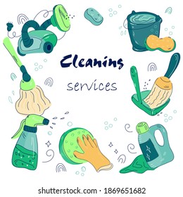 Servicios de limpieza diseño de tarjetas o banners con varias herramientas de lavado en estilo doodle, ilustración de vector de dibujos animados sobre fondo blanco. Publicidad de la empresa de limpieza.