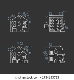 Servicio de limpieza tiza los íconos establecidos.Consiste en casa, residencial y salir de limpieza, apartamento. Conceptos de limpieza.Isolación de ilustraciones vectoriales en pizarra