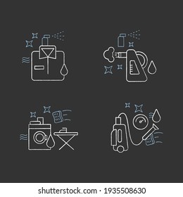 Cleaning services chalk icons set.Consists of dry cleaning, laundry, steaming, pressure washing. Cleanup concepts.Isolated vector illustrations on chalkboard