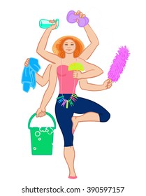 Cleaning services. The cleaner with a mop. Cleaning homes and offices. Cheerful girl with a bucket. She will purify all. Woman in uniform. Easy cleaning. Vector illustration