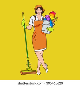 Cleaning services. The cleaner with a mop. Cleaning homes and offices. Cheerful girl with a bucket. She will purify all. Woman in uniform. Easy cleaning. Vector illustration