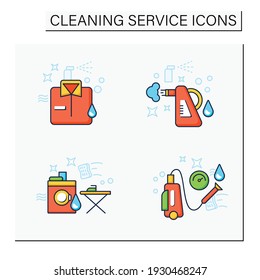 Cleaning services color icons set.Consists of dry cleaning, laundry, steaming, pressure washing. Cleanup concepts.Isolated vector illustrations.Editable stroke