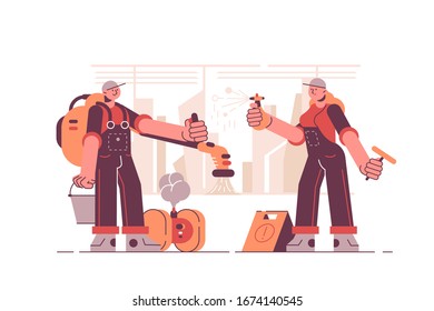 Vektorillustration Illustration des Reinigungsdienstes. Mann und Frau in Uniform mit Spezialausrüstung, -werkzeugen, Waschmitteln und Zubehör für die Raumreinigung mit flachem Design