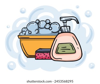 Concepto de servicios de limpieza. Ilustración editable con jabón líquido, esponja. Publicidad de servicios de limpieza del hogar y la oficina
