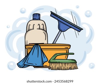 Cleaning services concept. Editable illustration with detergent and brush. Advertising of home, office cleaning services
