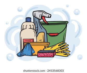 Cleaning services concept. Editable illustration with cleaning supplies. Advertising of home, office cleaning services
