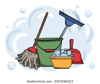 Cleaning services concept. Editable illustration with buckets and mop. Advertising of home and office cleaning services