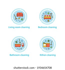 Cleaning services concept icons set.Consists of living room, kitchen, bathroom cleaning. Cleanup concepts.Vector isolated conception metaphor illustrations