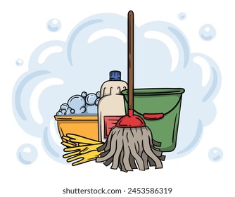 Cleaning services concept. Illustration with bucket, mop and gloves. Advertising of home and office cleaning services