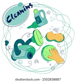 Cleaning services and detergents banner or poster template with hands in rubber gloves. Household products in vector banner, doodle style illustration on white background.