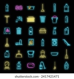 Cleaning services equipment icons set. Outline set of cleaning services equipment vector icons neon color on black
