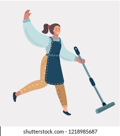 Cleaning Services. The Female Cleaner With A Mop. Cleaning Homes And Offices. Cheerful Cleaning Lady Will Purify All. Woman In Apron. Vector Cartoon Illustration In Modern Concept