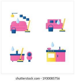 Cleaning services flat icons set.Consists of living room, kitchen, bathroom cleaning. Cleanup concepts.3d vector illustrations