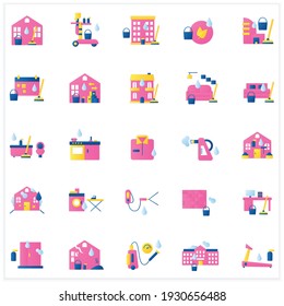 Cleaning services flat icons set.Consists of house cleaning, apartments, commercial, services, pressure washing, sanitizing service. 3d vector illustrations