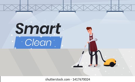 Cleaning services flat web banner template. Man hoovering carpet, using modern vacuum cleaner illustration. Household appliances store advertising poster with smart clean typography