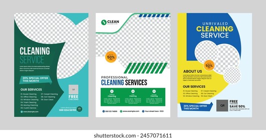 cleaning services flyer template and house cleaning business brochure cover design vector.