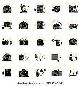 Cleaning services glyph icons set.Consists of house cleaning, apartments, commercial, services, pressure washing, sanitizing service. Filled flat signs. Isolated silhouette vector illustrations
