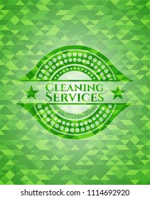 Cleaning Services green emblem with triangle mosaic background