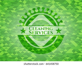 Cleaning Services green emblem with triangle mosaic background