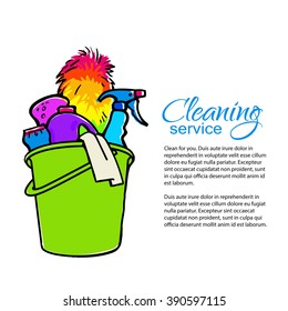 Cleaning services. Hand drawn spray and dust collector, rag, sponge. Cleaning homes and offices. Bucket with cleaning cleaners. Colorful painted bucket. Easy cleaning. Vector illustration