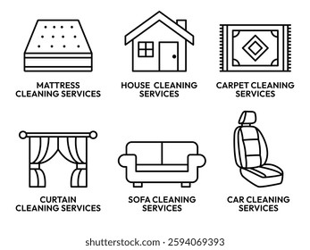 Cleaning services icon set. Cleaning services carpet, mattress, curtain, sofa, cushion car seat, house, bed  icons. Logo cleaner. Cleaner service label. Vector illustration.