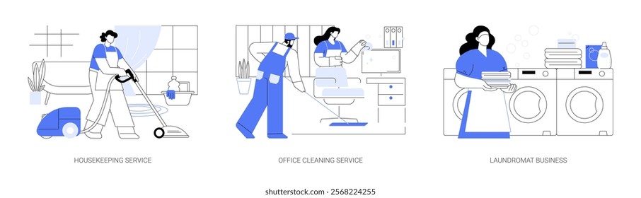 Cleaning services isolated cartoon vector illustrations set. Professional housekeeping, woman hoovering a room, office cleaning company, laundromat business, self-service wash vector cartoon.