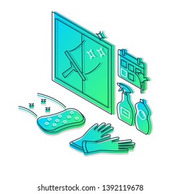 Cleaning services isometric color vector illustration. Housekeeping linear icons infographic. House cleaning 3d concept. Sponge, detergents gradient isolated design elements on white background