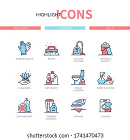 Cleaning services - line design style icons set. Household tasks and domestic chores idea. Images of detergents, gloves, brush, vacuum cleaner, sponge. Dish washing, garbage disposal, ironing, laundry
