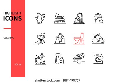 Cleaning services - line design style icons set. Household tasks and domestic chores idea. Images of detergents, gloves, brush, vacuum cleaner, sponge. Dish washing, garbage disposal, ironing, laundry
