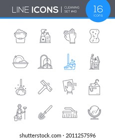 Cleaning services - line design style icons set. Household chores, domestic idea. Images of a bucket, detergents, gloves, mop, broom, vacuum cleaner. Dish washing, garbage disposal, decluttering