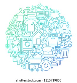 Cleaning Services Line Icon Circle Design. Vector Illustration of Objects Isolated over White.