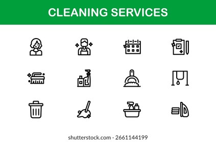 Colección de iconos de línea de servicios de limpieza: símbolos de arte de línea únicos, limpios y creativos que representan los elementos esenciales de limpieza, mantenimiento y saneamiento de la casa