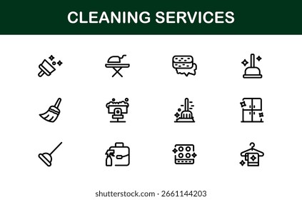 Colección de iconos de línea de servicios de limpieza: símbolos de arte de línea únicos, limpios y creativos que representan los elementos esenciales de limpieza, mantenimiento y saneamiento de la casa