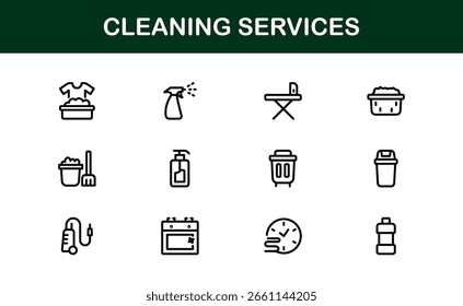Cleaning Services Line Icon Collection – Unique, clean, and creative line art symbols depicting house cleaning, maintenance, and sanitation essentials