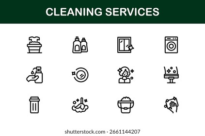 Cleaning Services Line Icon Collection – Unique, clean, and creative line art symbols depicting house cleaning, maintenance, and sanitation essentials