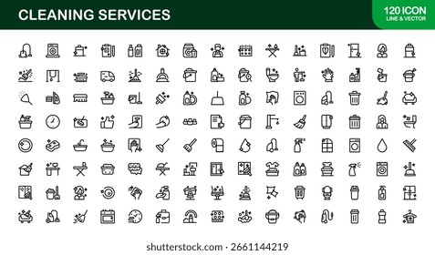 Colección de iconos de línea de servicios de limpieza: símbolos de arte de línea únicos, limpios y creativos que representan los elementos esenciales de limpieza, mantenimiento y saneamiento de la casa