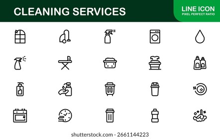 Colección de iconos de línea de servicios de limpieza: símbolos de arte de línea únicos, limpios y creativos que representan los elementos esenciales de limpieza, mantenimiento y saneamiento de la casa
