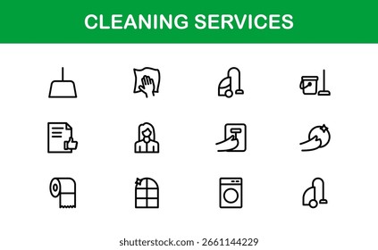 Colección de iconos de línea de servicios de limpieza: símbolos de arte de línea únicos, limpios y creativos que representan los elementos esenciales de limpieza, mantenimiento y saneamiento de la casa