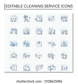 Iconos de línea de servicios de limpieza establecidos.Consiste en limpieza de casas, apartamentos, servicios comerciales, lavado a presión, servicio de saneamiento, etc. Conceptos de limpieza.Iconos vectoriales aislados.Accidentes cerebrales editables