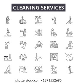 Cleaning services line icons, signs set, vector. Cleaning services outline concept, illustration: house,service,spray,mop,cleaner,sponge,bucket