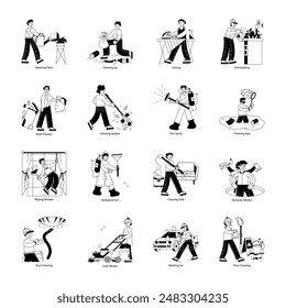Reinigungs-Service-Linie Mini-Illustrationen 
