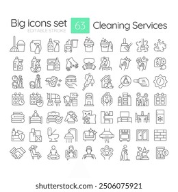 Cleaning services linear icons set. Housekeepers janitors office. Cleaner tools. Housecleaning, janitorial. Customizable thin line symbols. Isolated vector outline illustrations. Editable stroke