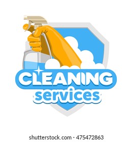 Cleaning services logo , emblem, badge .Hand in glove with the cleaning solution on the background of the shield and foam. 